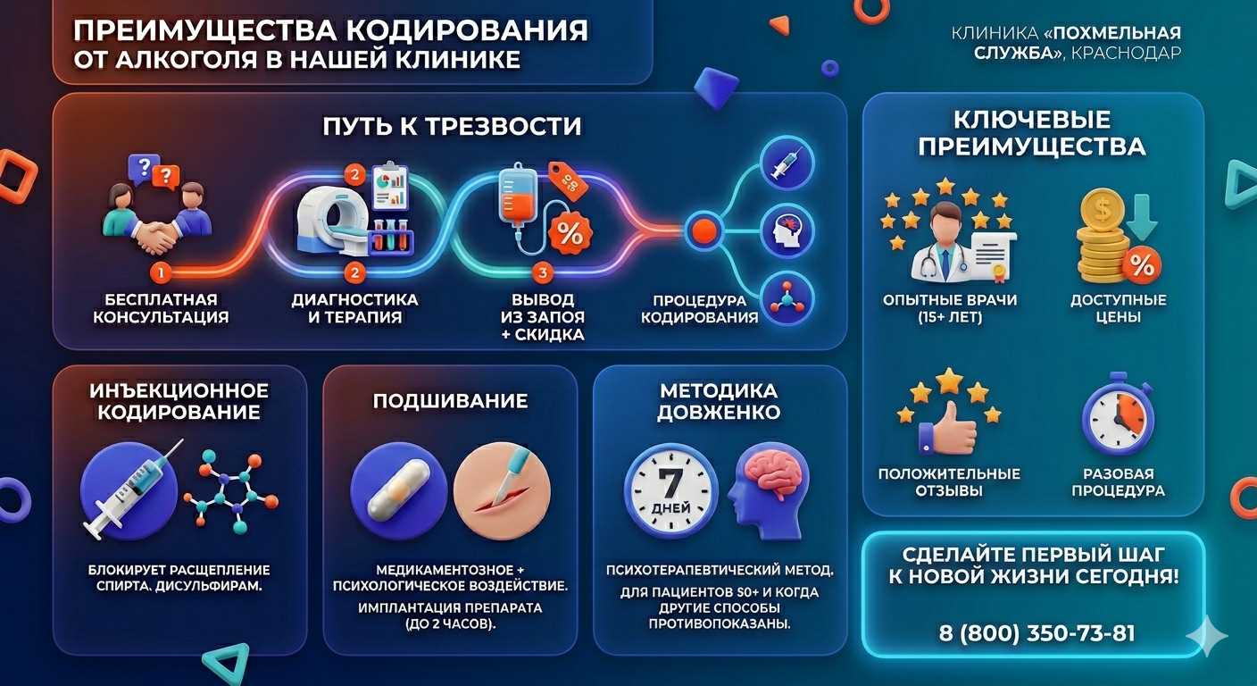 Инфографика о методах кодирования от алкоголя в Малгобеке: инъекции, подшивание, метод Довженко. Преимущества клиники и этапы лечения.