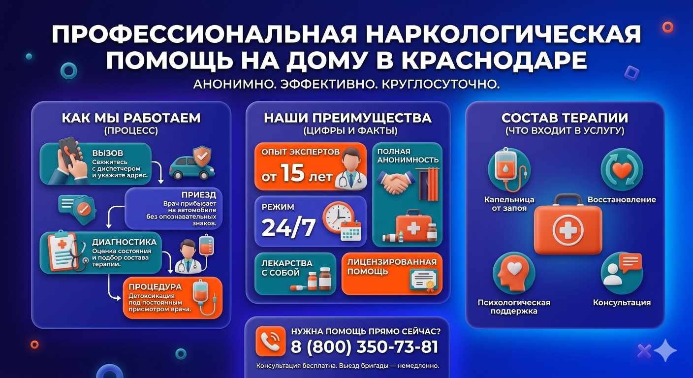 Инфографика о принципах лечения алкоголизма на дому в Малгобеке: этапы вызова нарколога, преимущества анонимной детоксикации и состав медицинской помощи.